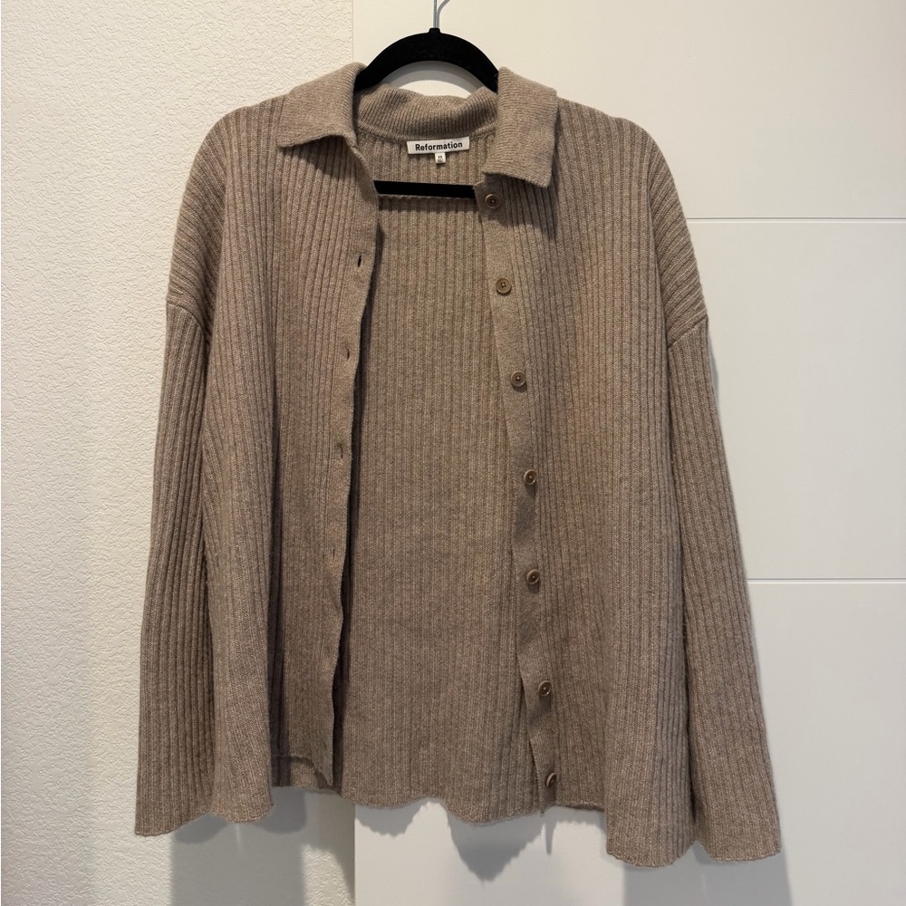 Reformation Ribbed Button-Up Cardigan in Taupe